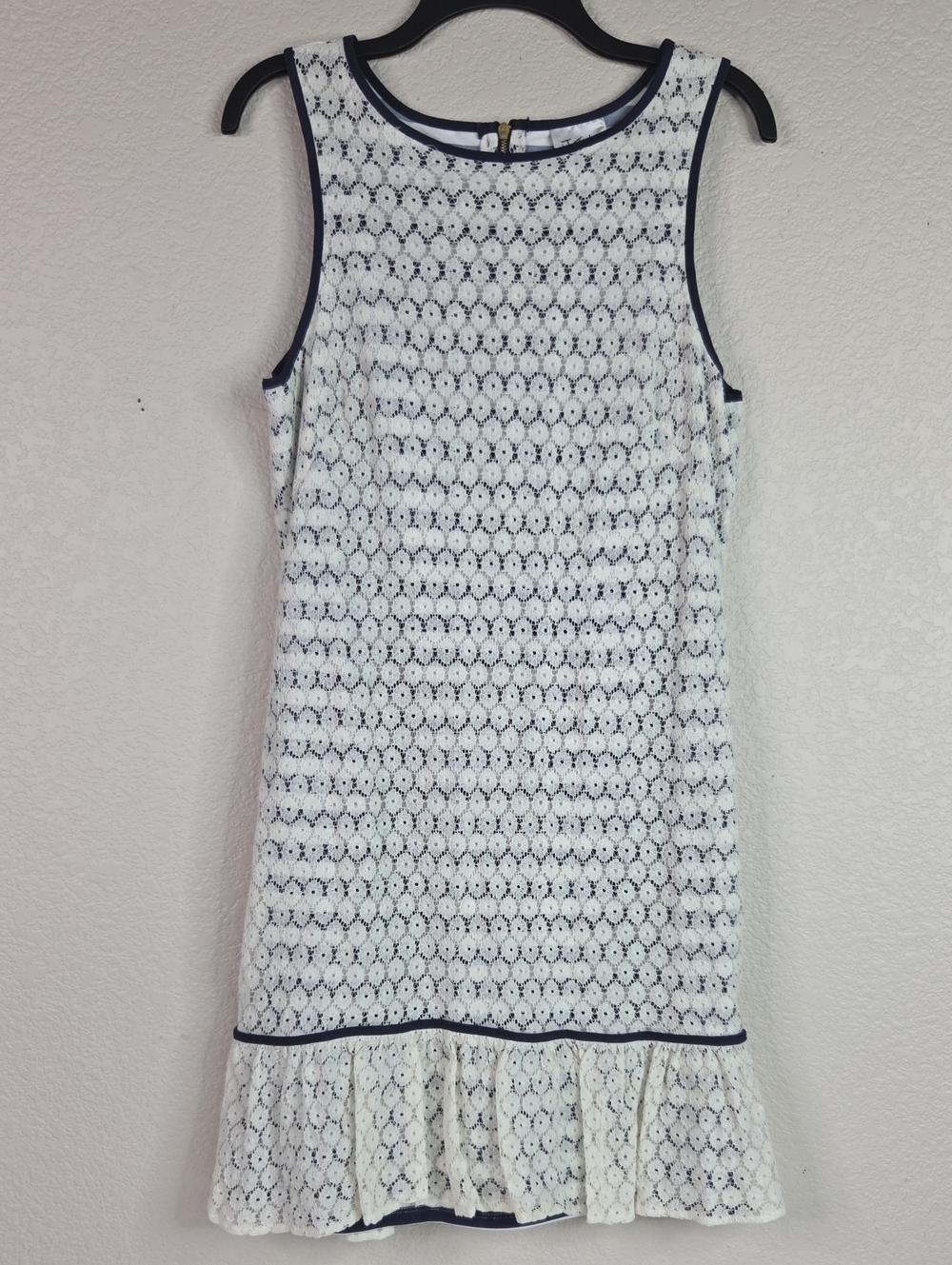 Sleeveless White Lace Mini Dress with Navy Trim